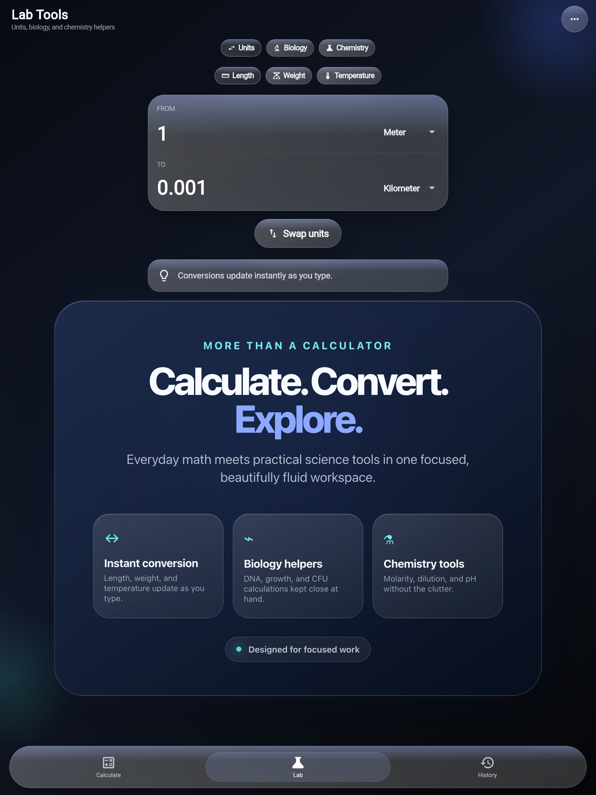 LiquidCalc Lab Tools on a tablet, showing unit conversion and biology and chemistry helpers