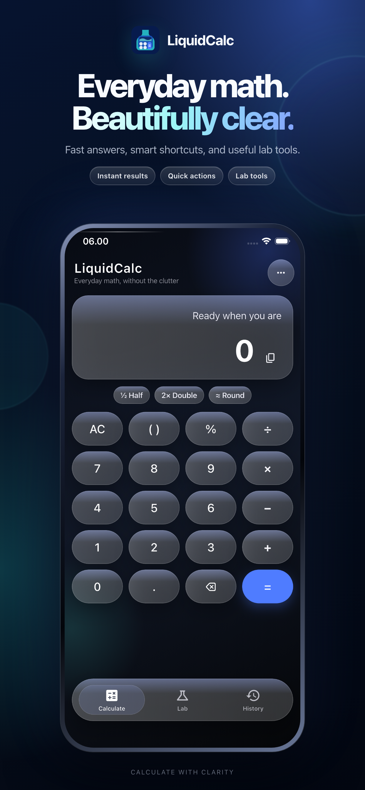 LiquidCalc showing its everyday calculator with quick actions and live results